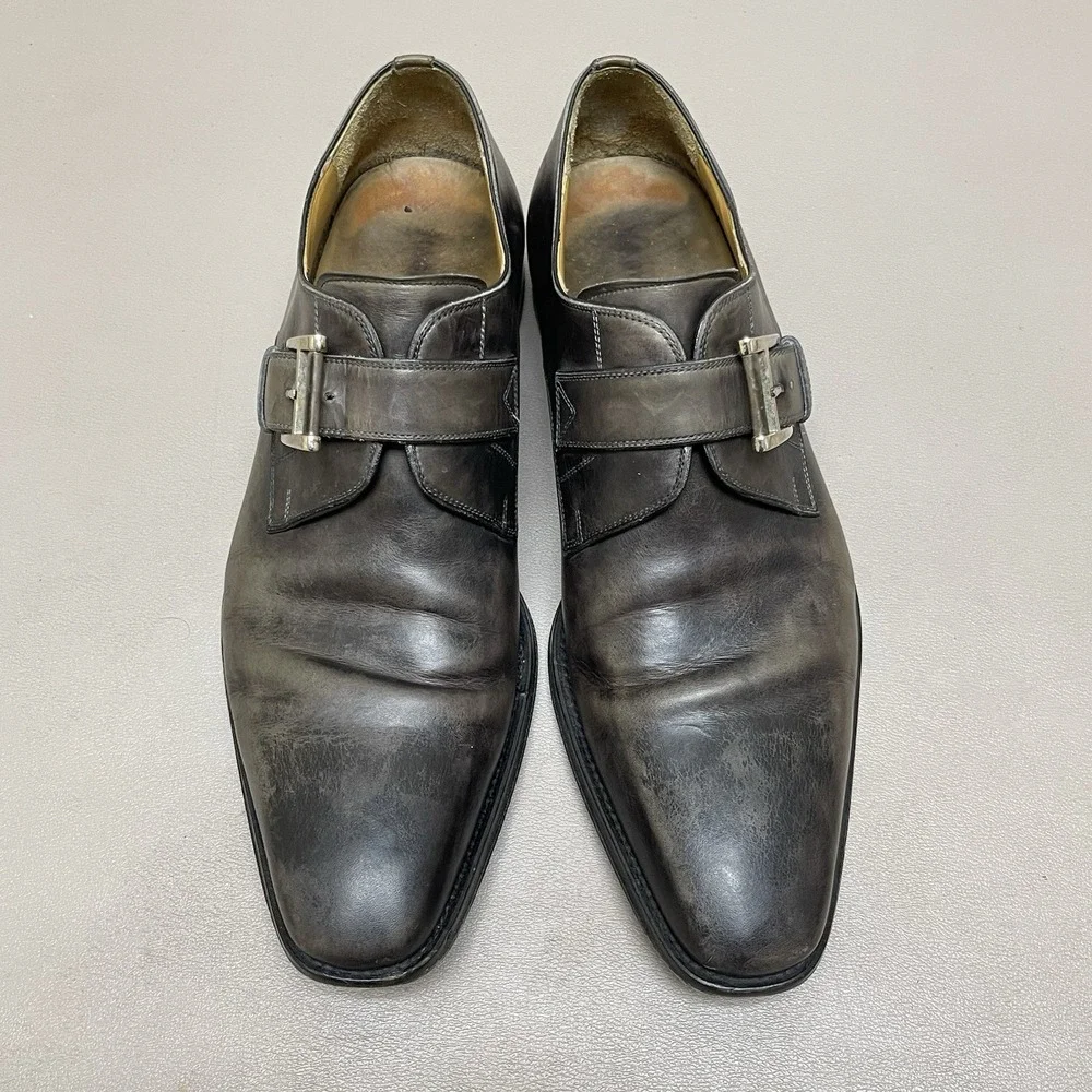 Magnanni Monk Strap Dress Shoes Men 9 M Gray Leather Buckle Brogue Oxford Loafer